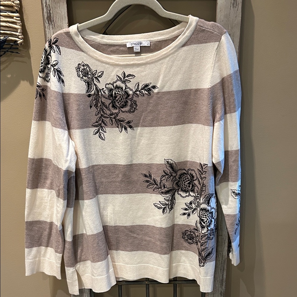 Chico's Women's Striped Floral Top - Brown and Cream